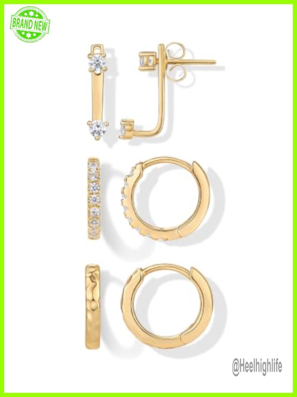 14K Gold Plated Huggie Hoop Earring Set with Cubic Zirconia